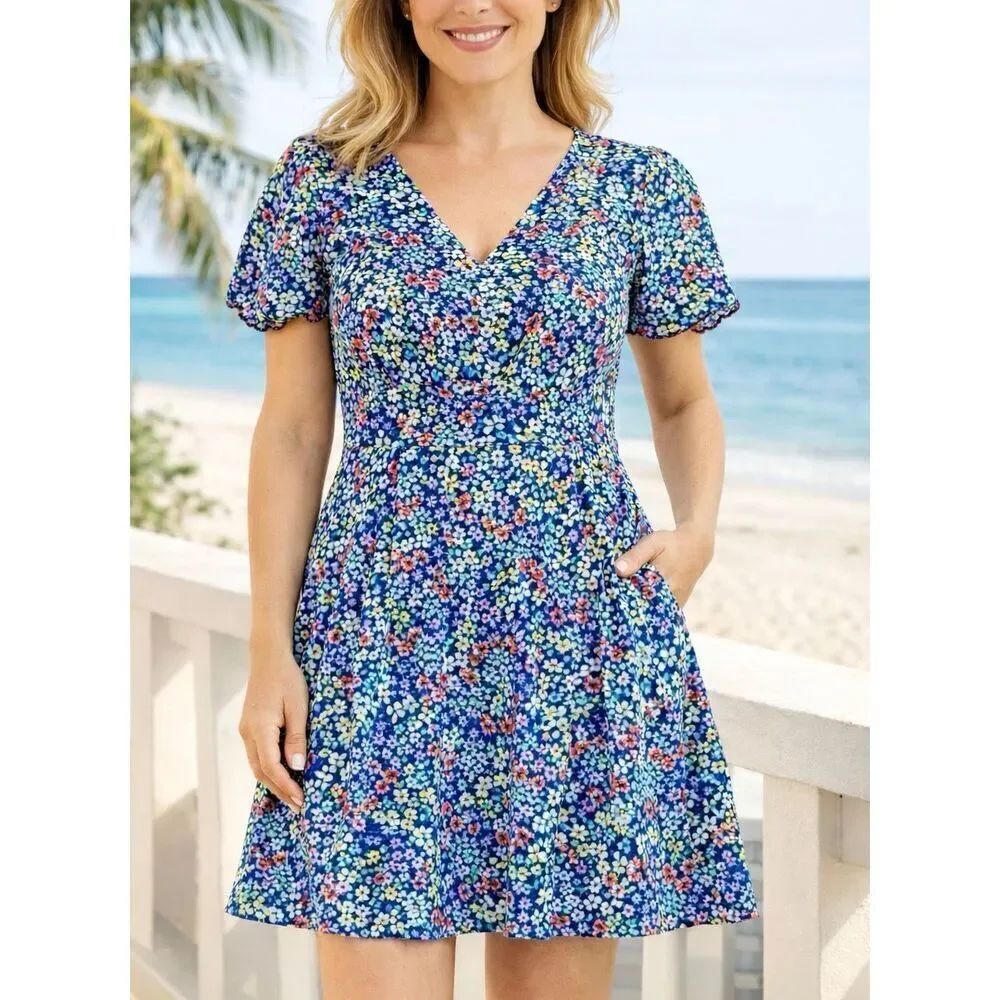 F&F blue floral flutter sleeve A-line dress small